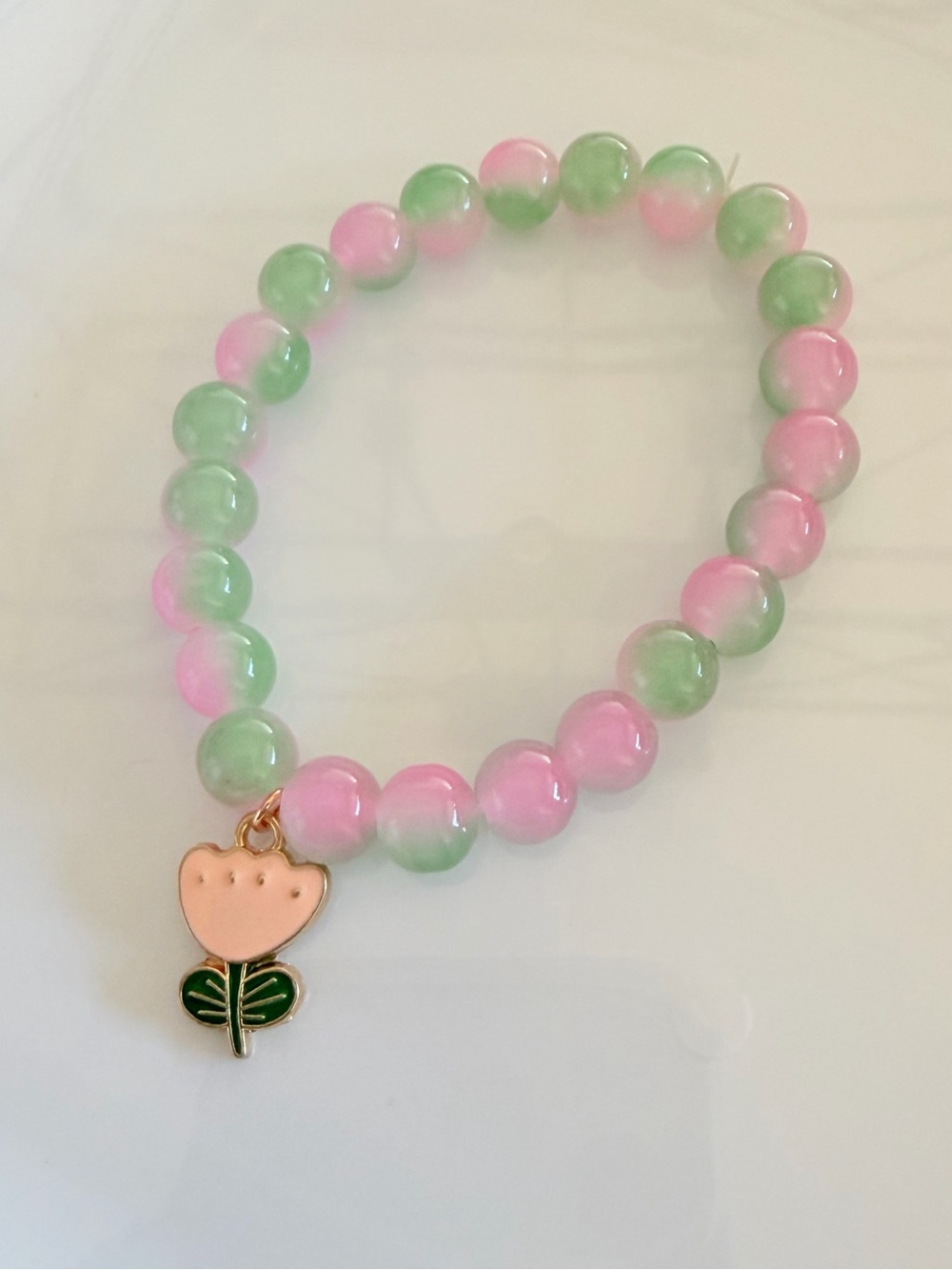 Pink and Green Beaded Flower Charm Bracelet Jewelry